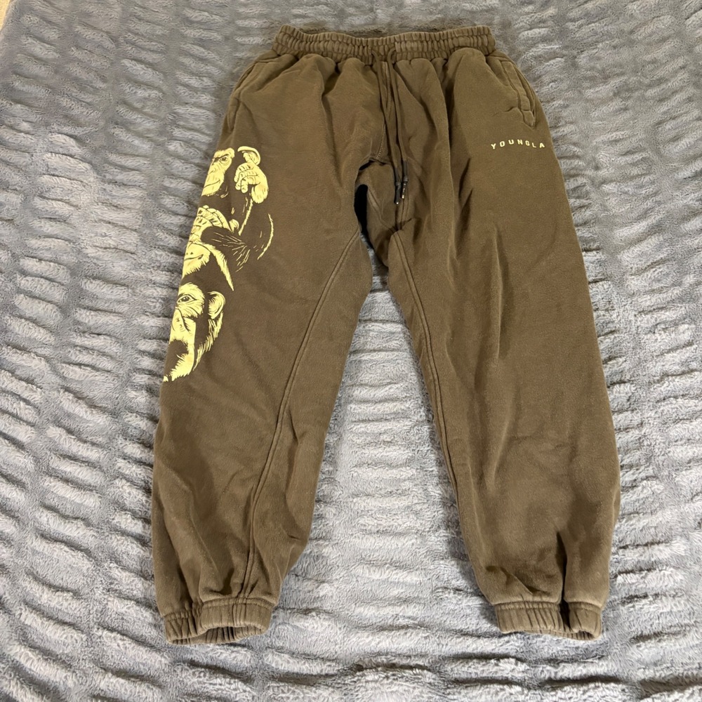 YoungLA Mens Brown Three Wise Monkeys Graphic Sweatpants Joggers Medium AR699